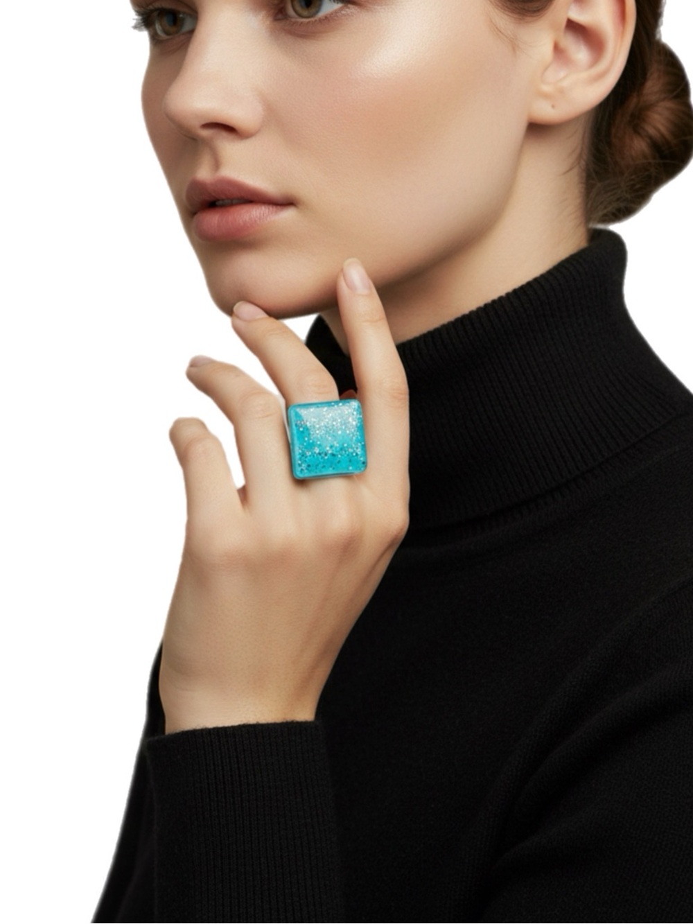 Turquoise Glitter Square Acrylic Statement Ring - Adjustable Jewelry